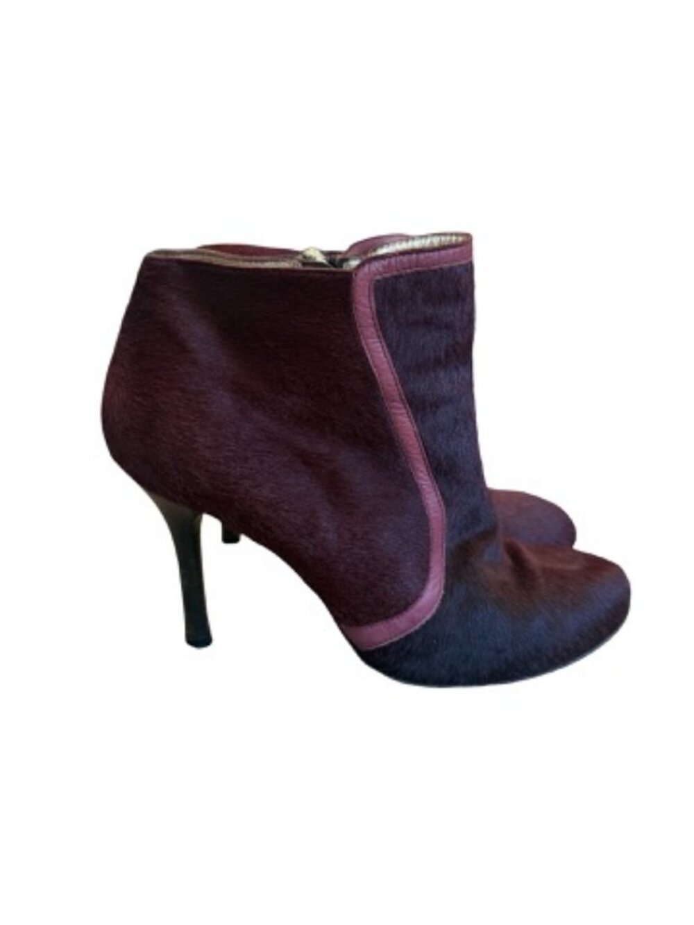 Etro Burgundy Calf Hair Ankle Booties Boot Leather Trim Stiletto Size 40 Women's